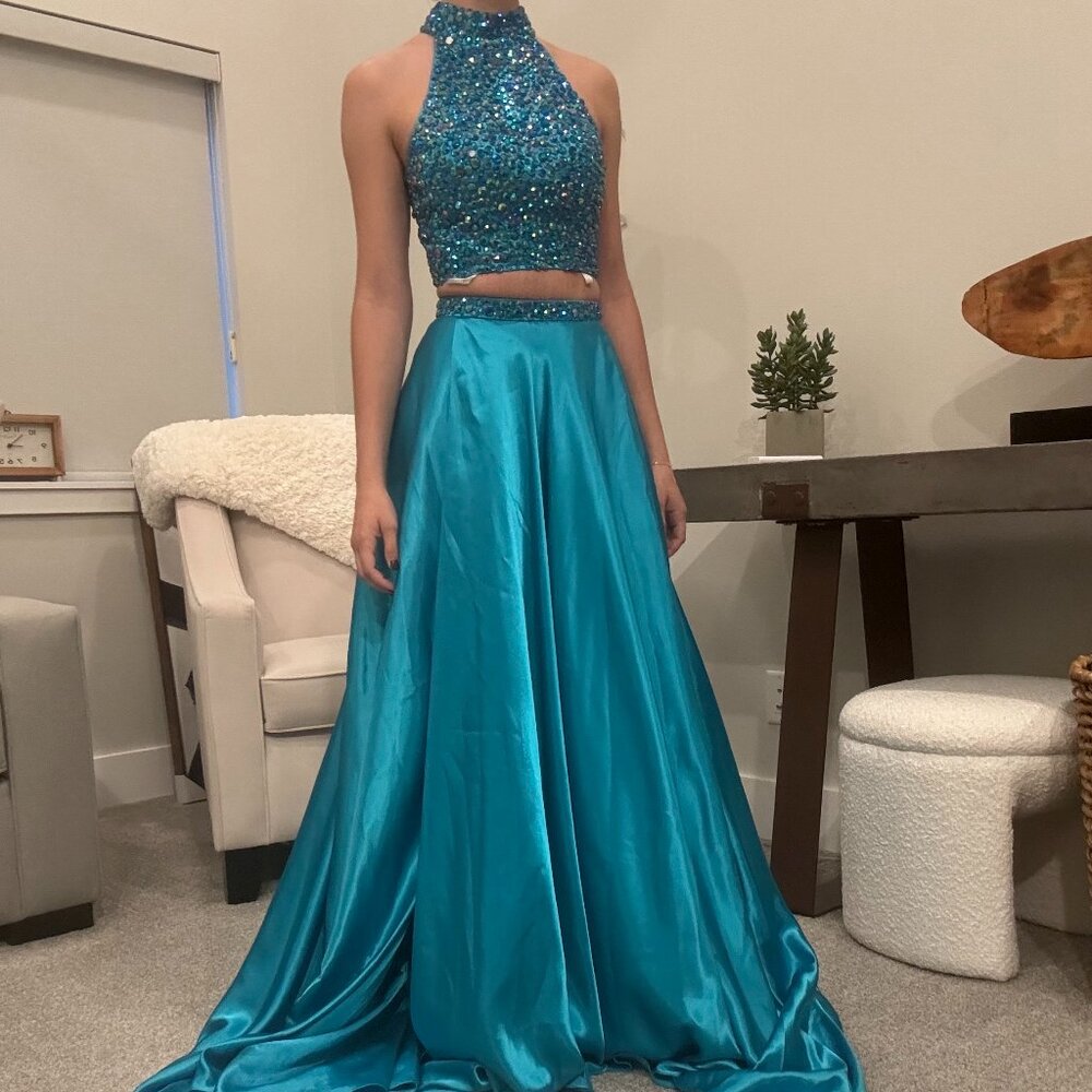 Teal Two-Piece Rhinestone Sherri Hill Prom Dress